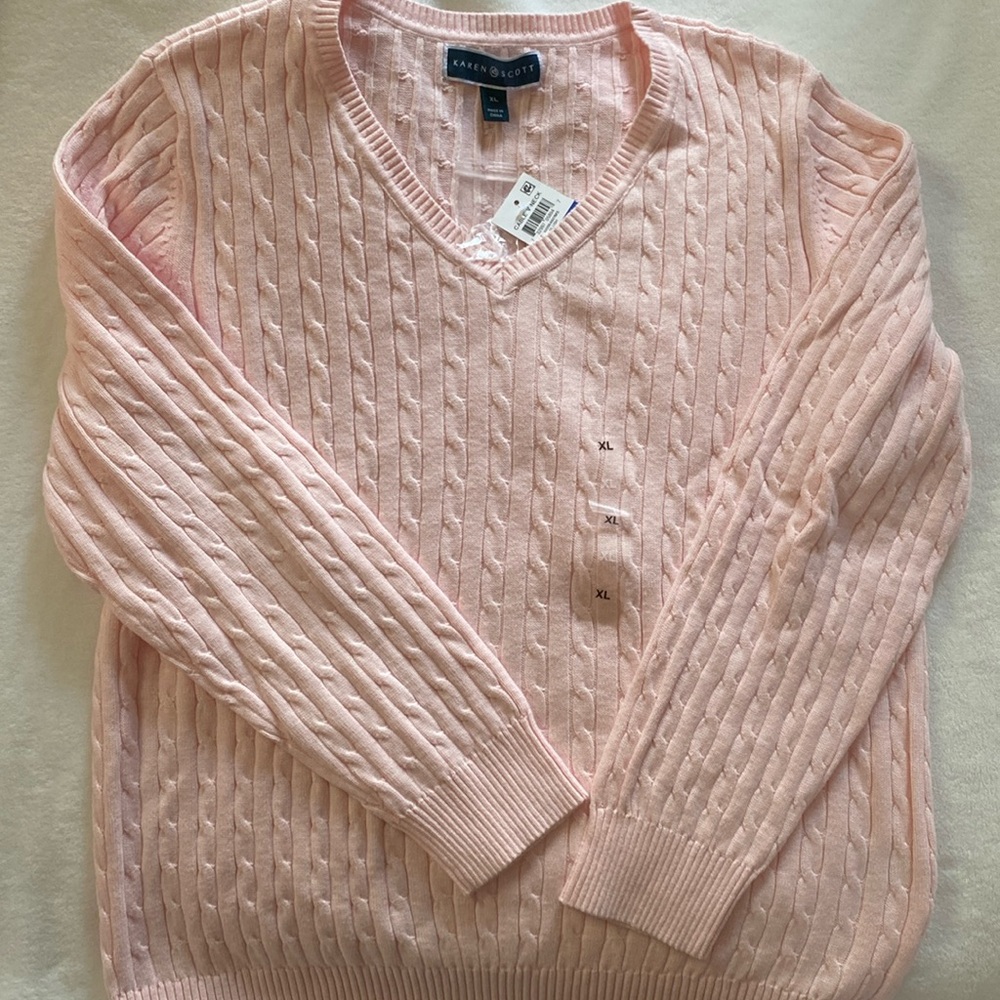 Pink Cable Knit V-Neck Sweater